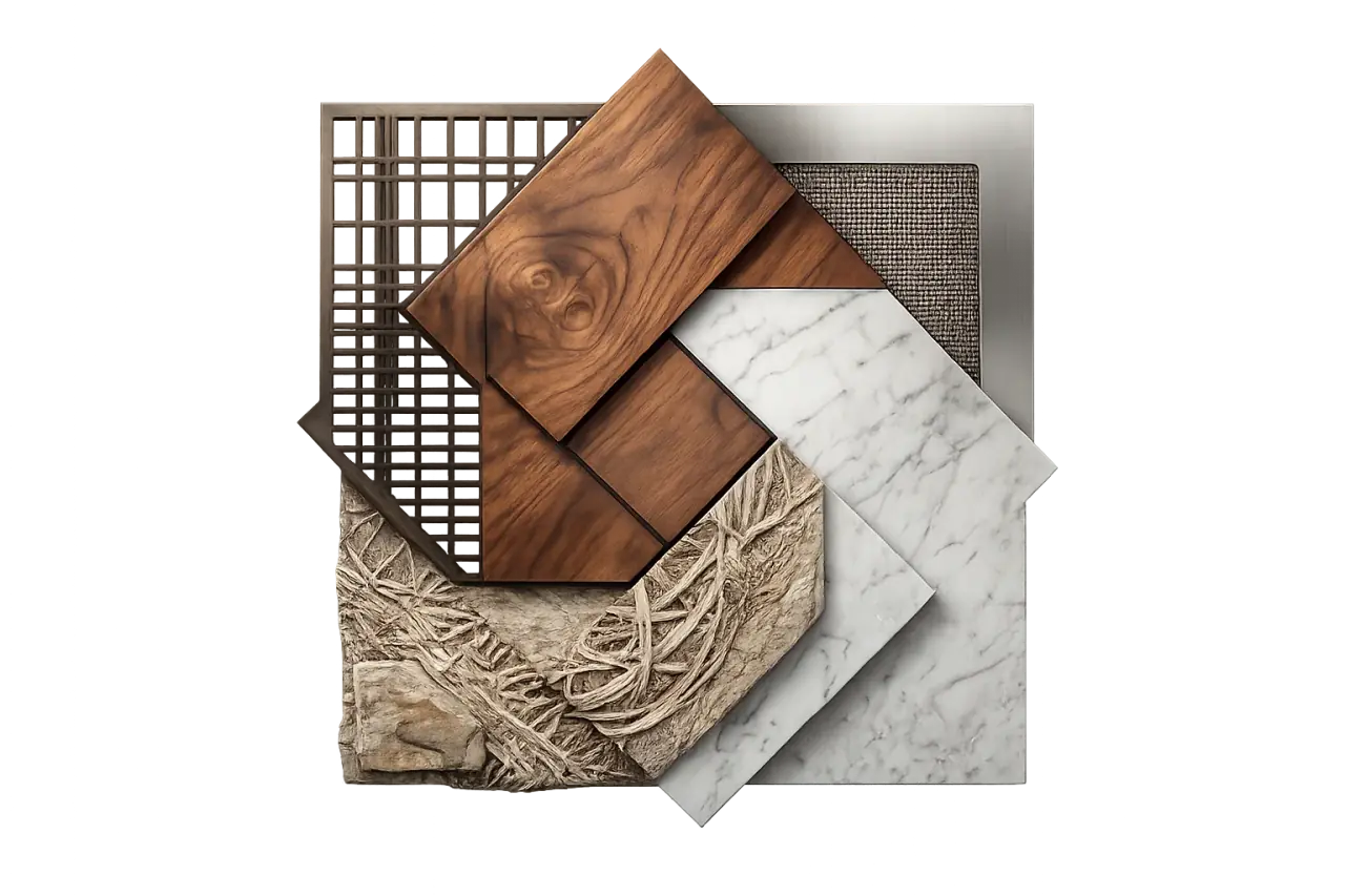 Wood, marble, metal mesh, stone, and fabric samples representing five design disciplines